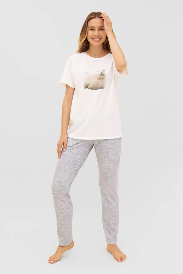 Model is wearing Be Happy Blue Melange Look Cotton Pants front look with matching t-shirt sold separatel