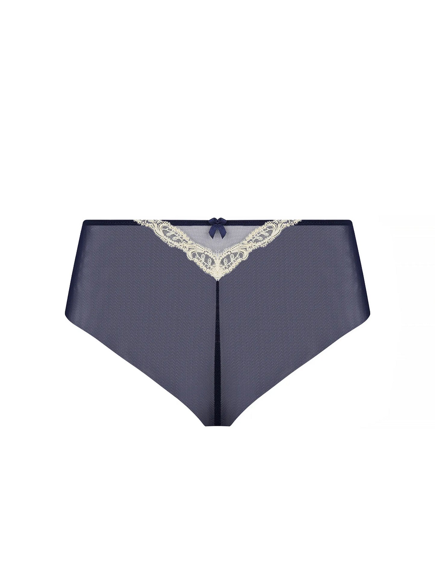 Navy blue satin underwear with lace trim on a white background