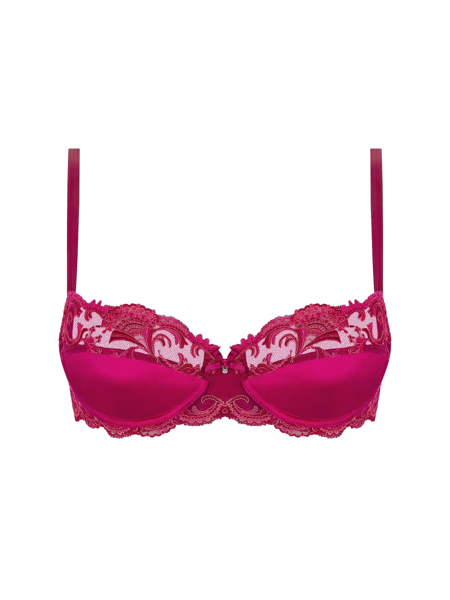 Pink lace bra on a white background