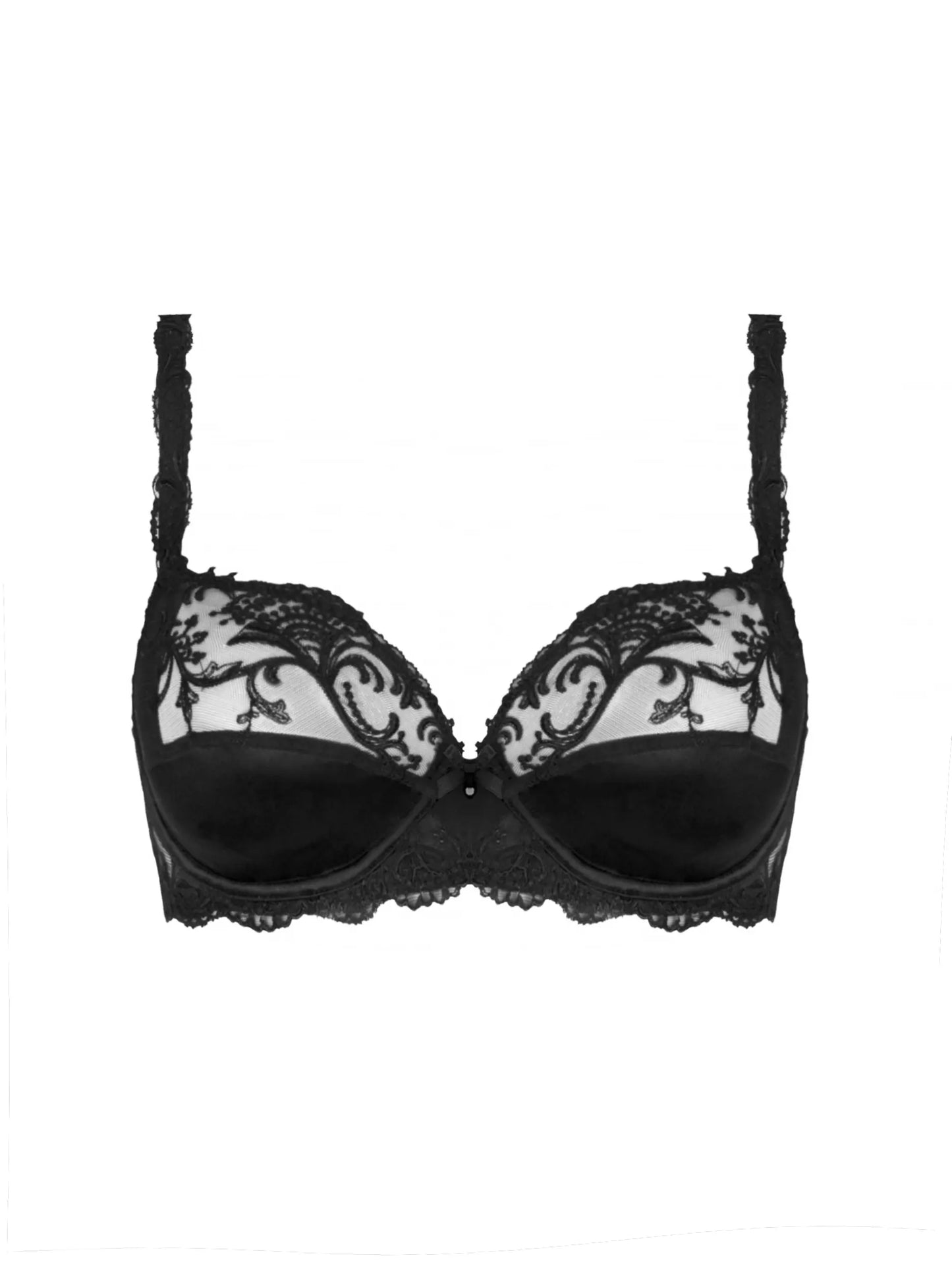 Black lace bra on a white background