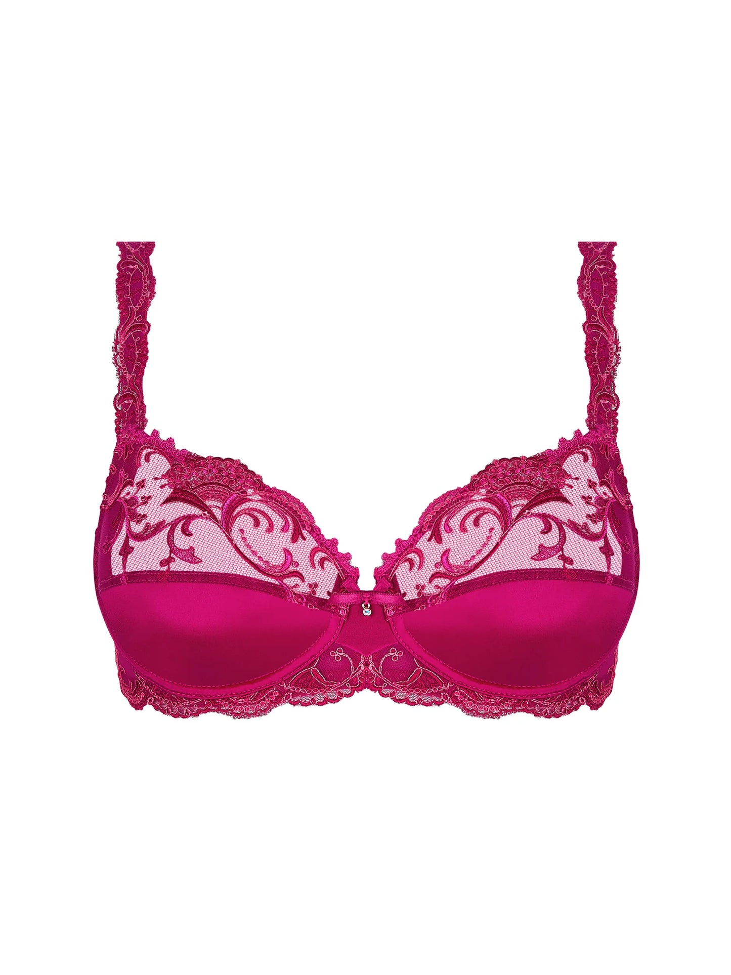 Pink bra with lace details on a white background