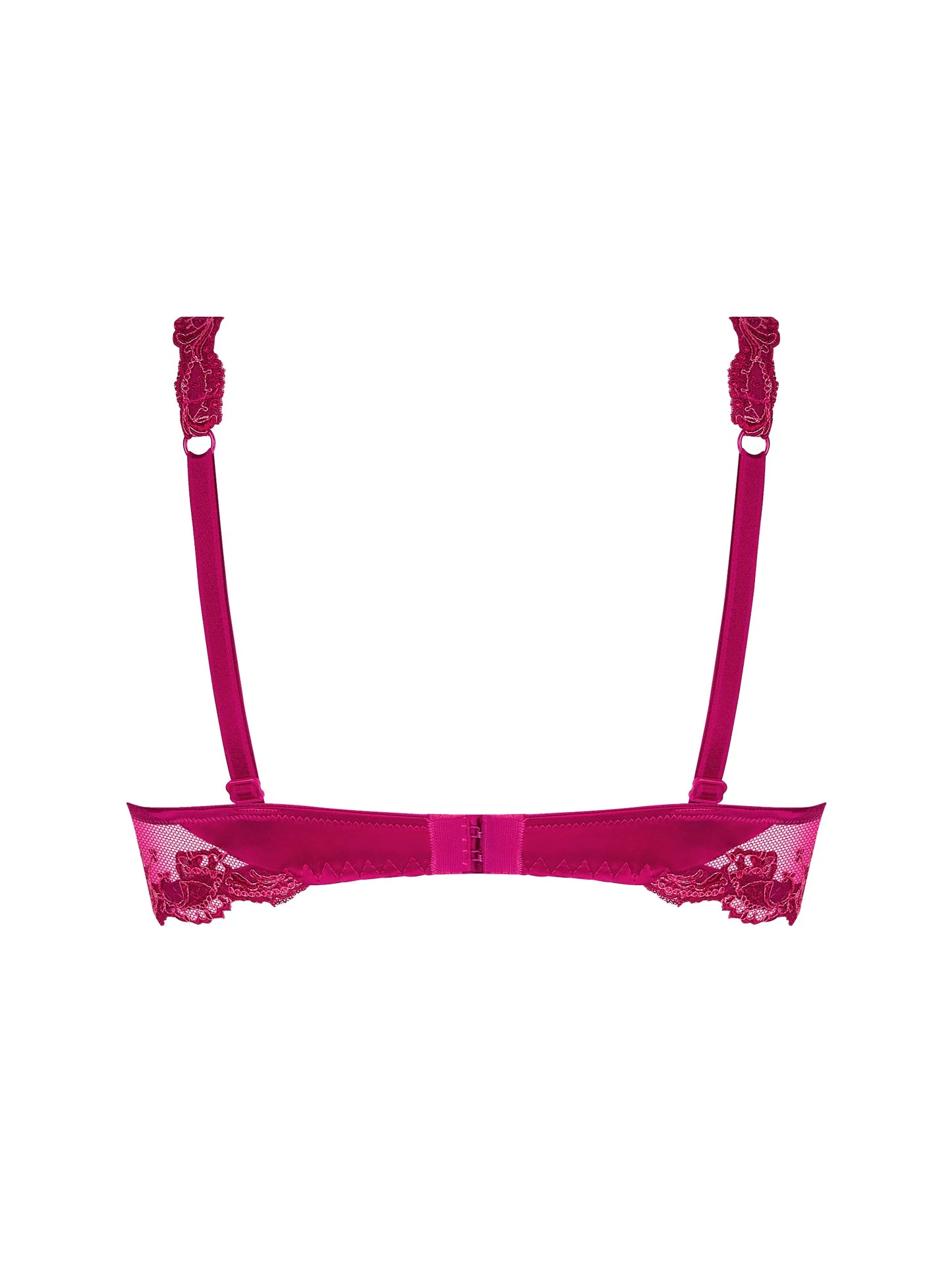Pink lace bra with straps on a white background