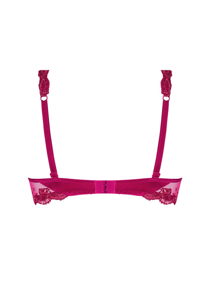 Pink lace bra with straps on a white background