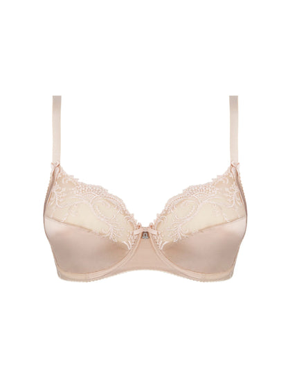 Beige bra with lace details on a white background
