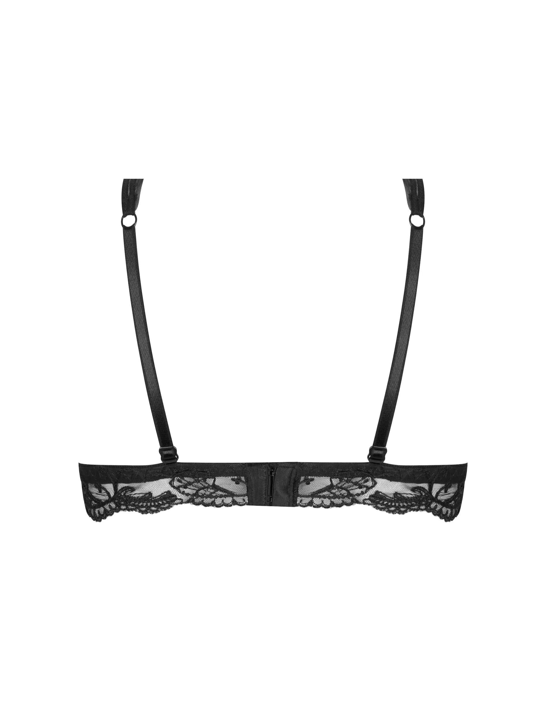 Black lace bra with thin straps on a white background