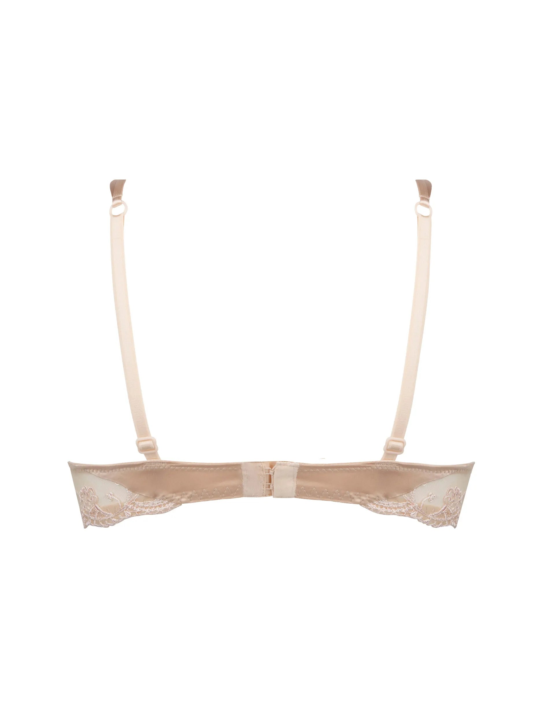 Beige lace bra with straps on a white background