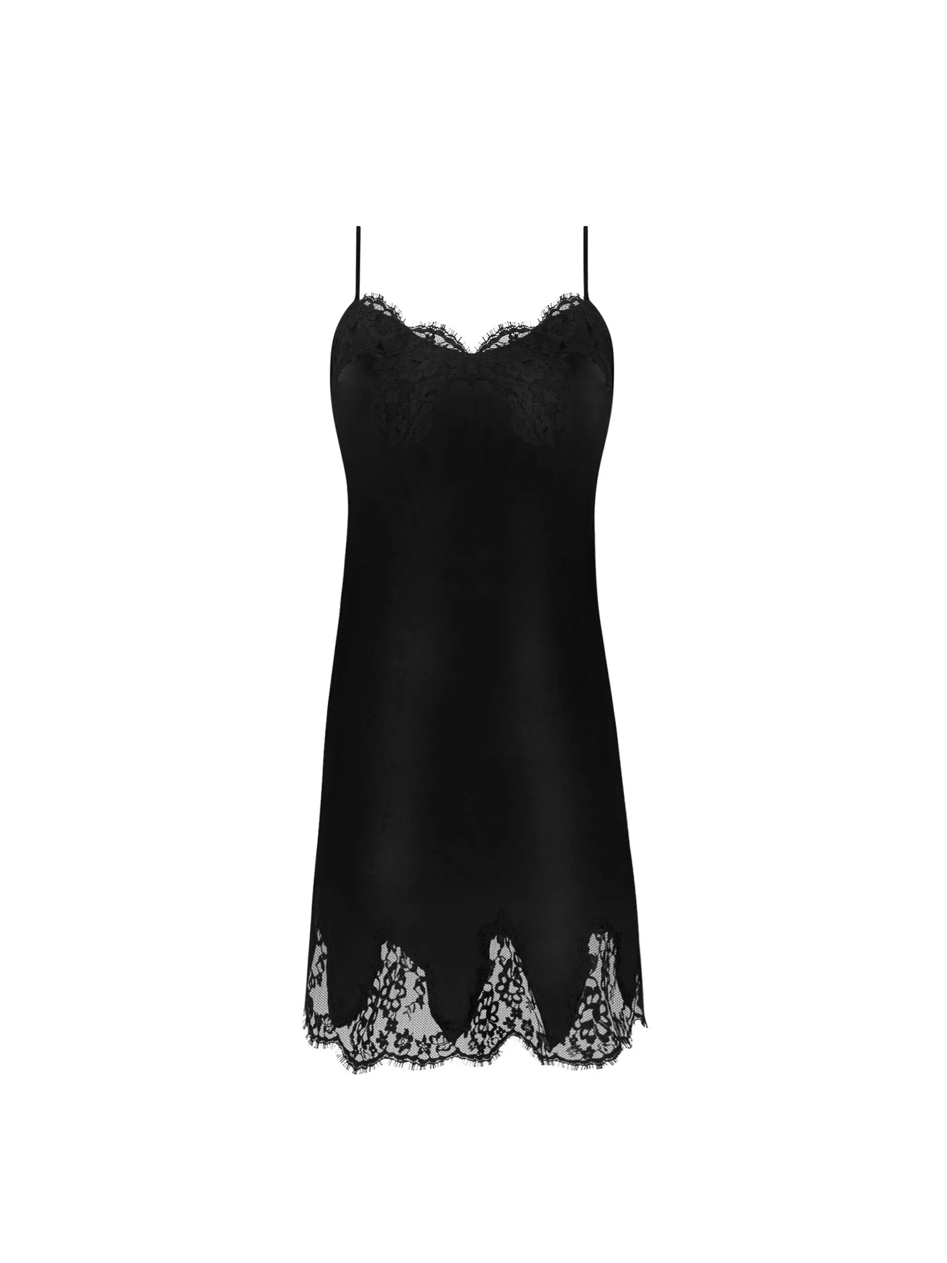 Black lace-trimmed slip dress on a white background