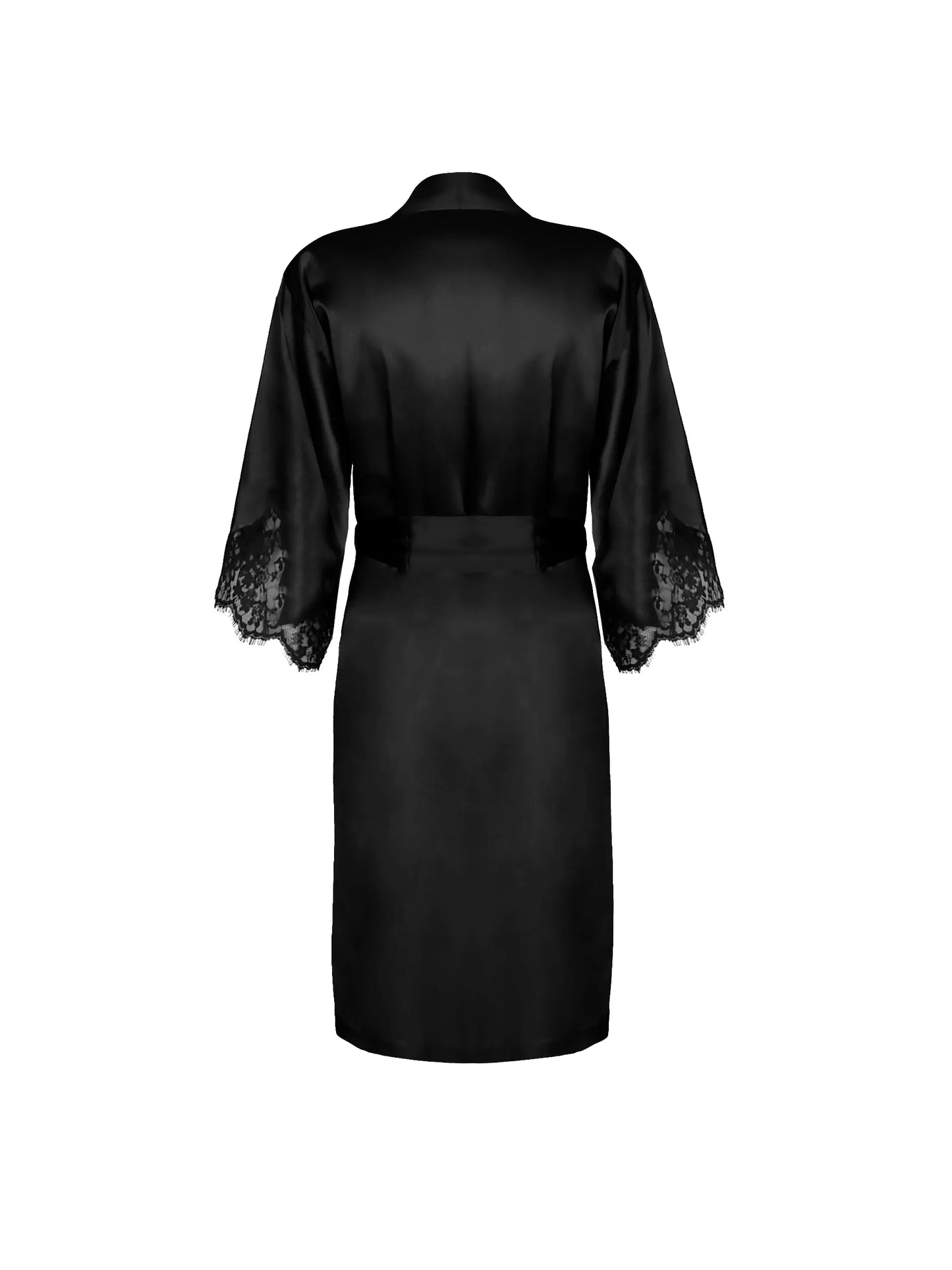 Black satin robe with lace sleeves on a white background