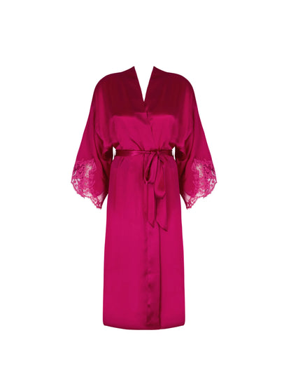 Pink satin robe with lace sleeves on a white background