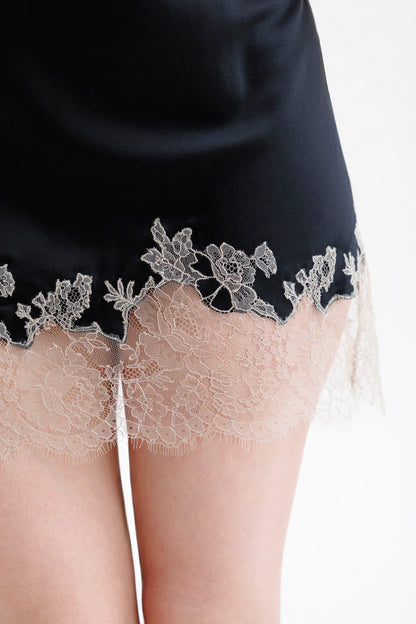 Close-up of a black garment with lace trim .